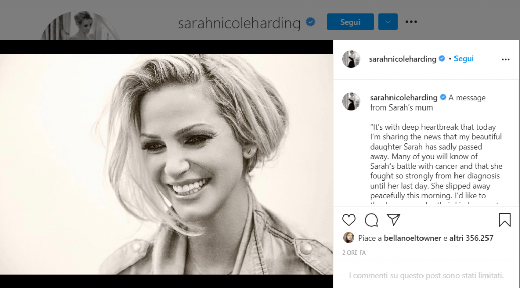 annuncio morte Sarah Harding