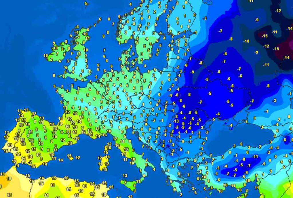 Il grafico delle temperature europee: gelo in arrivo da est. Dati allarmanti: Grecia più fredda della Scandinavia
